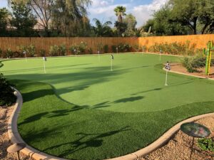 fake putting green using artificial turf in a residential back yard