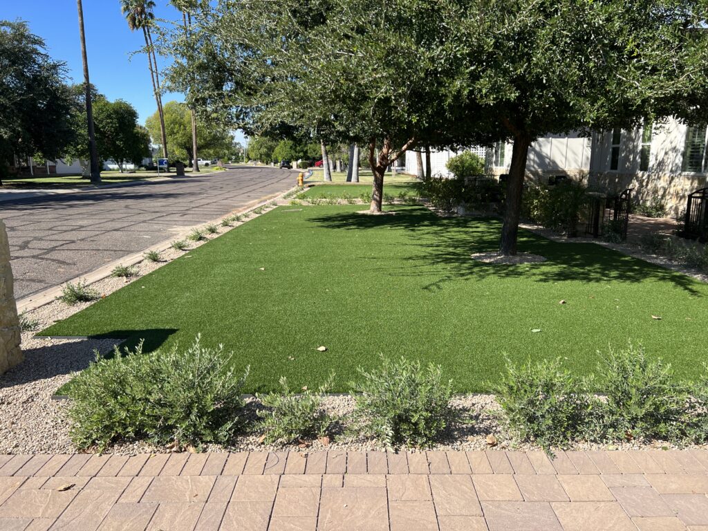 front yard Arcadia, Arizona after landscaping and artificial turf installation