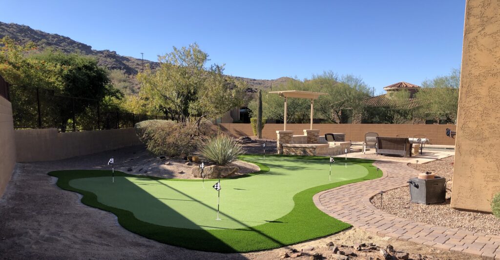 residential artificial turf putting green landscape installation in Phoenix