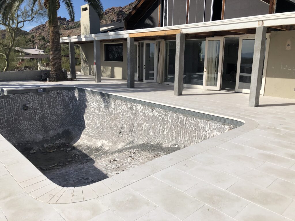 Camelback Mountain pool deck after renovation and limestone installation